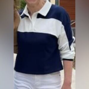 Hippie Rose blue/white blocks long-sleeved, collared, half-buttoned sweater, S